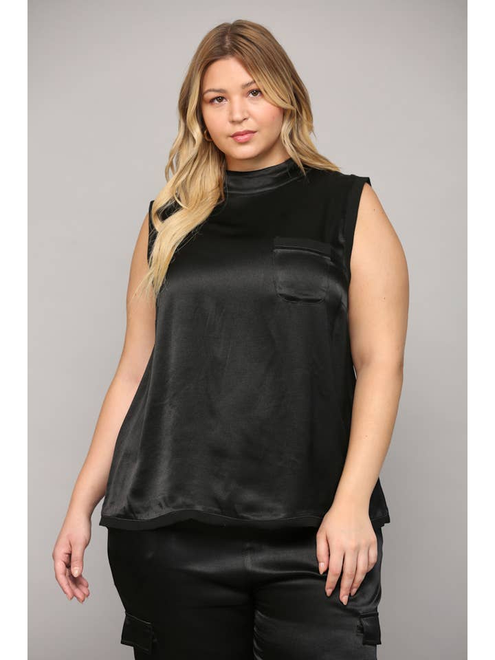 BLACK SLVL SATIN TOP WITH RIBBED TRIM FT3177P for wholesale on Faire