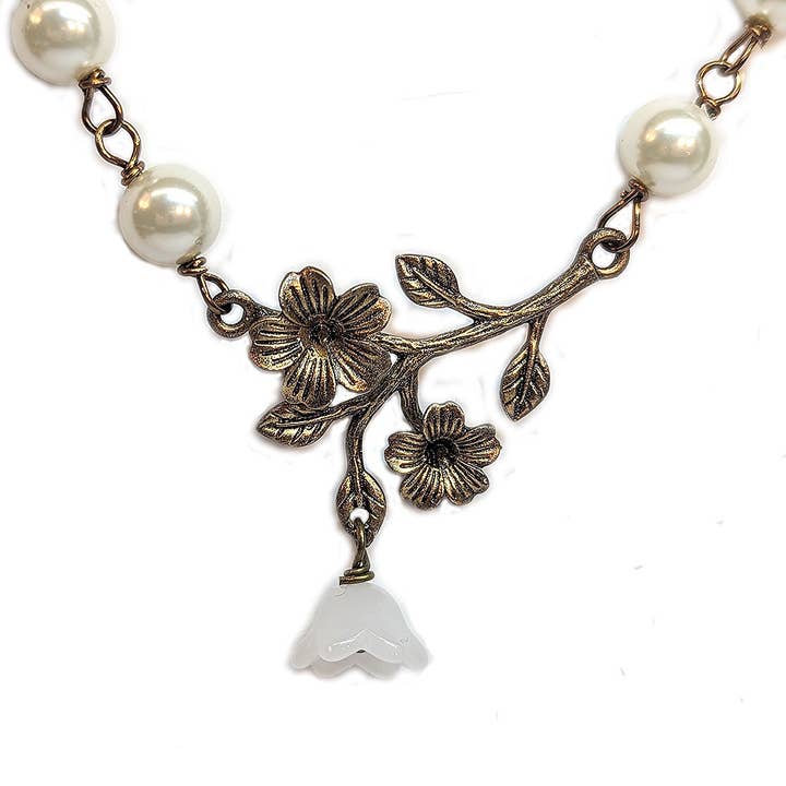 Antique Bronze Flowers White Pearl Beads Necklace for wholesale by Stylish Jewelry Supply