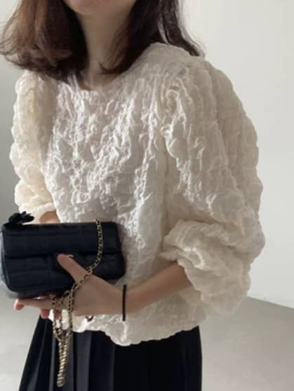 Women's Korean Style Puff Grid Long Sleeve Shirt for wholesale by Whisper Mint