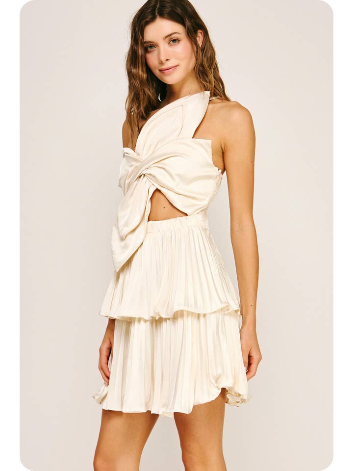 Strut & Bolt - Wholesale Dress - Women's - Knotted Flower Bow Satin Pleated Mini Dress18