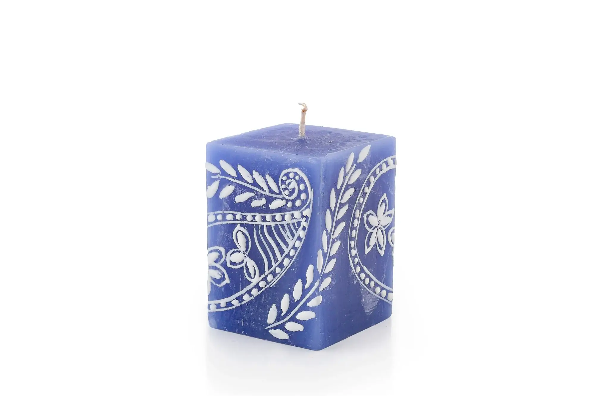 Thumbprint Artifacts - Wholesale Tapered Candle/Candlestick - Henna White on Blue Candle4