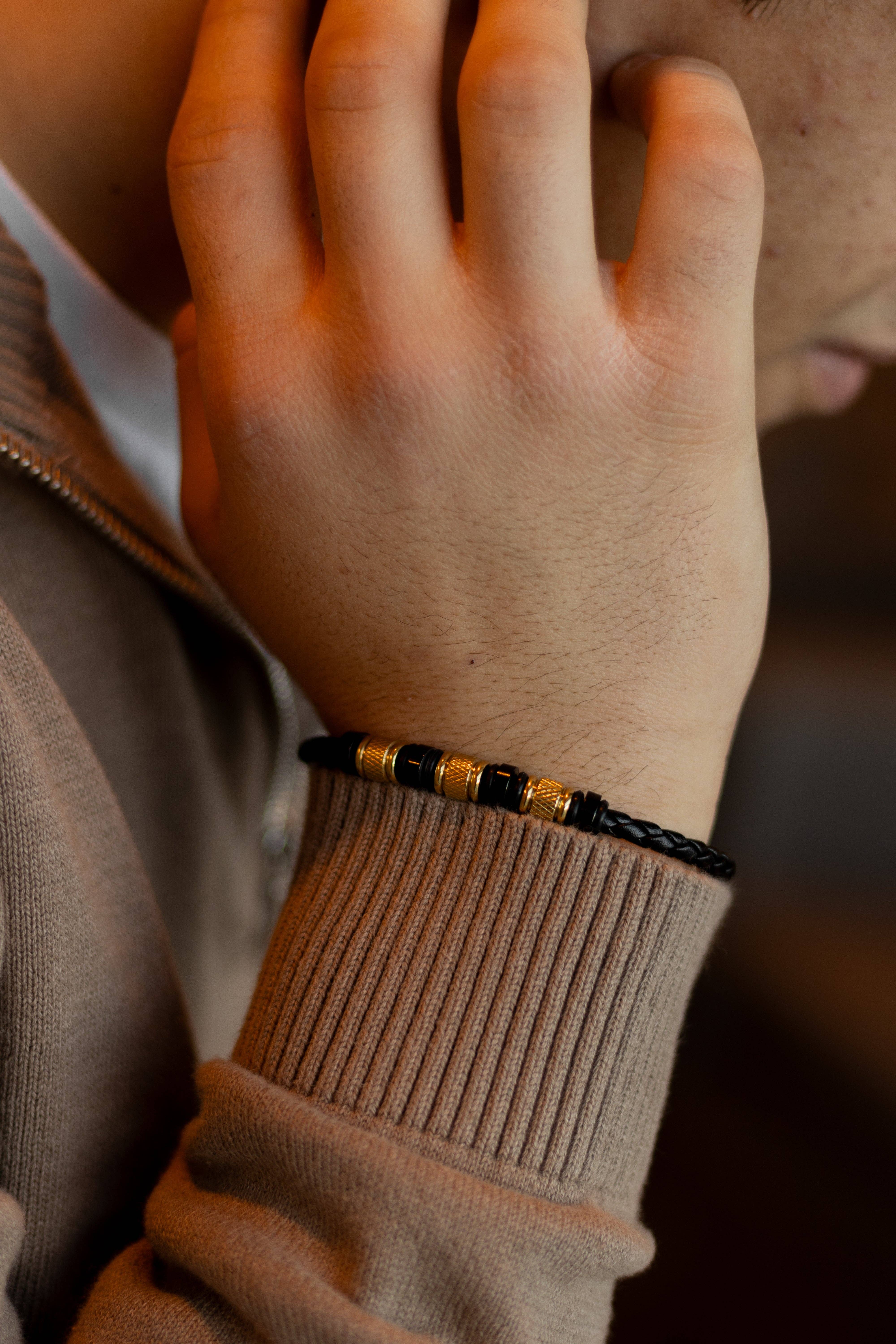 Sedy Jewelry - Wholesale Jewelry - Men's - Men’s Black Leather Bracelet with Gold-Tone Stainless Steel1