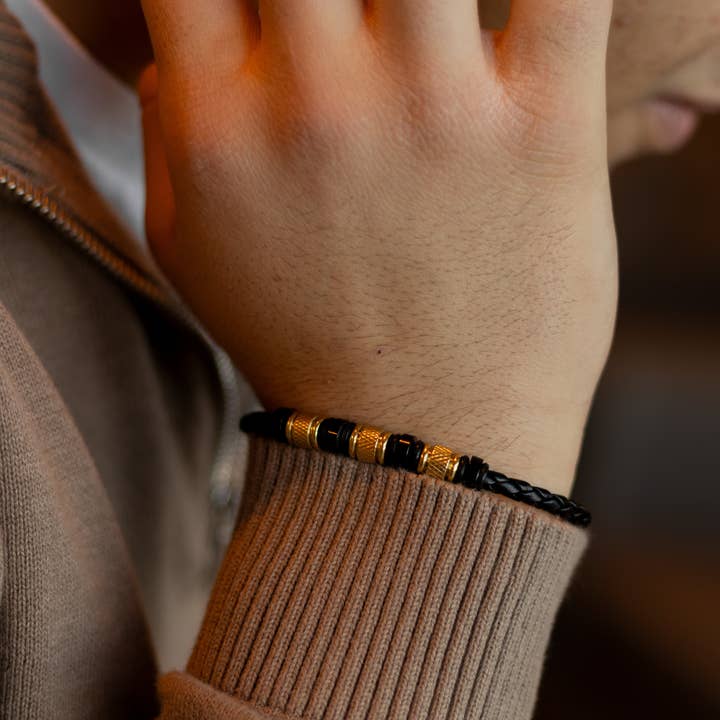 Sedy Jewelry - Wholesale Jewelry - Men's - Men’s Black Leather Bracelet with Gold-Tone Stainless Steel1