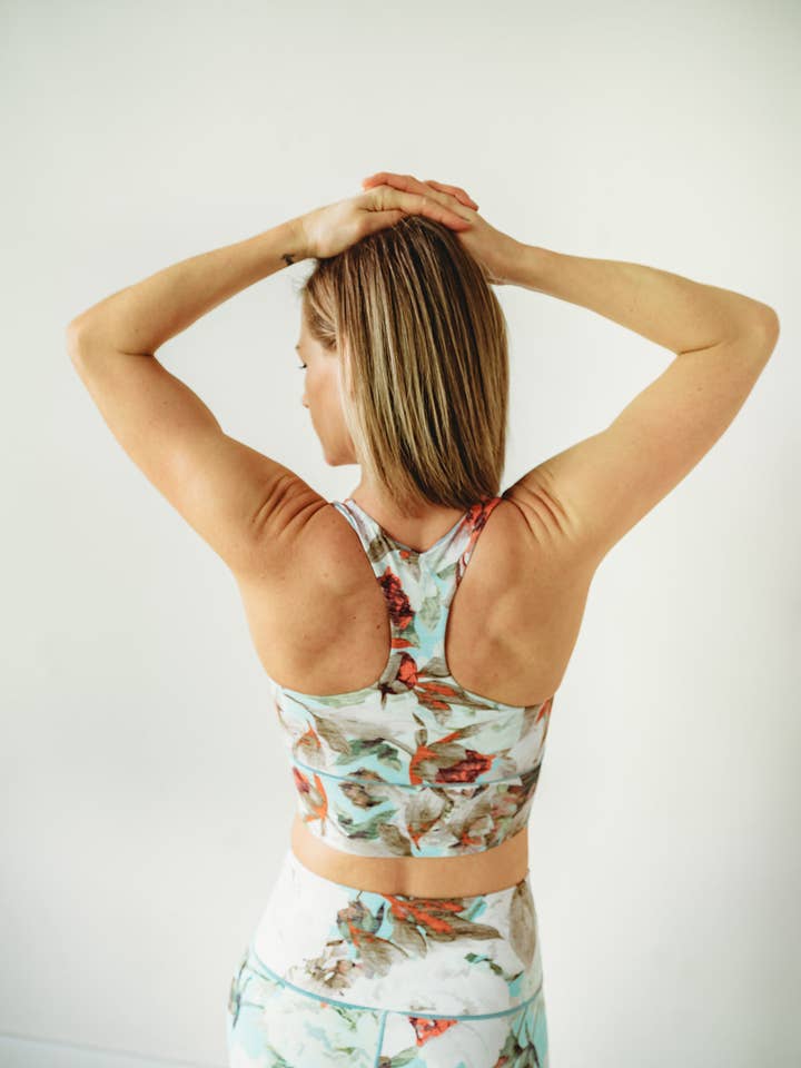 Teal Floral Longline Sports Bra *FINAL SALE* for wholesale by Colorado Threads