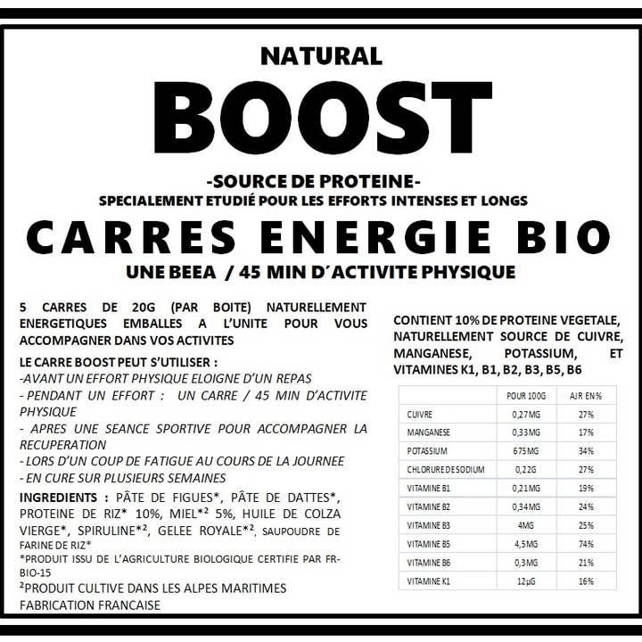 BeeA Energy - Wholesale Snack Bar - Carré energy boost bio3