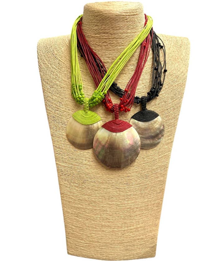 DK Hawaii - Wholesale Pendant/Charm Necklace - Round Mother Of Pearl Shell Pendant With Wax Cord Necklace