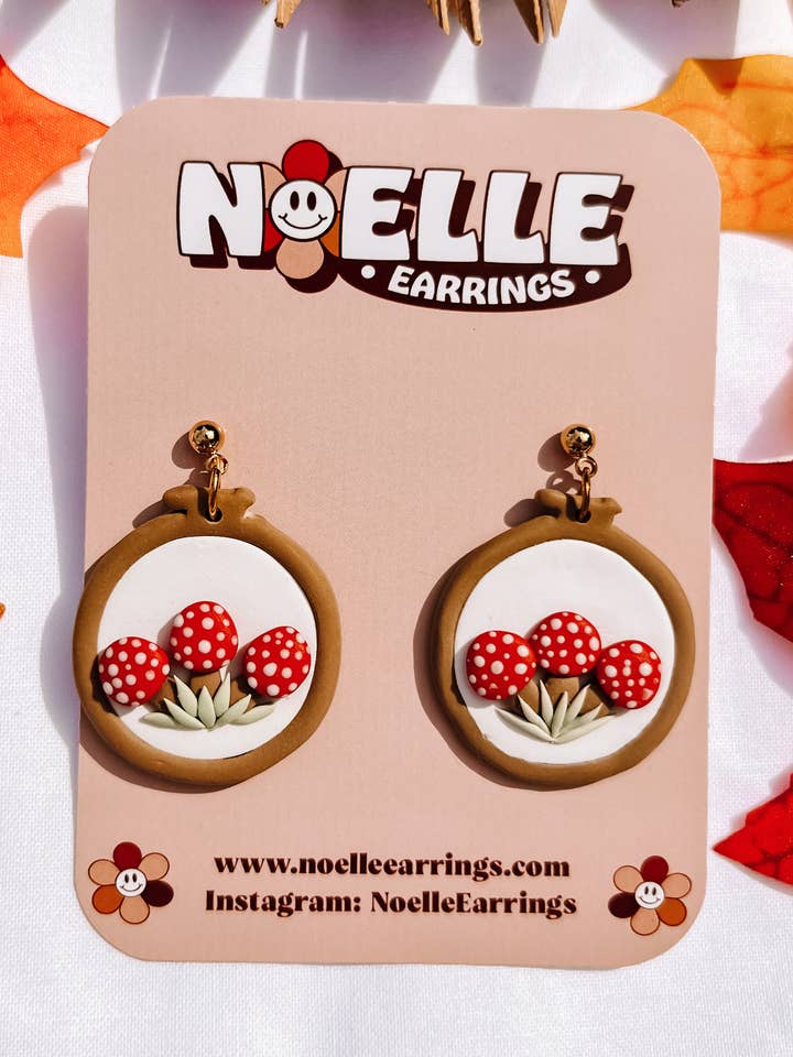 Mushroom Embroidery Hoop Earrings for wholesale by Noelle Earrings