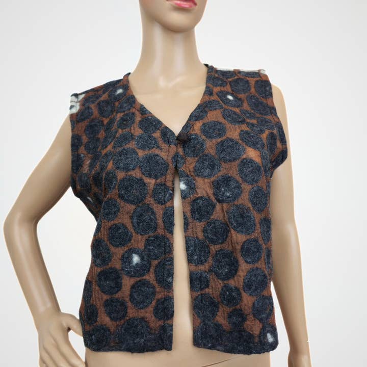 Marino Wool & Brown Silk BW Polka Dot Ladies Vest for wholesale by Feltiful