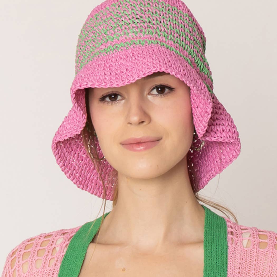 Fashion City - Wholesale Bucket Hat - Women's - Two Tone Stripe Straw Crochet Bucket Hat7