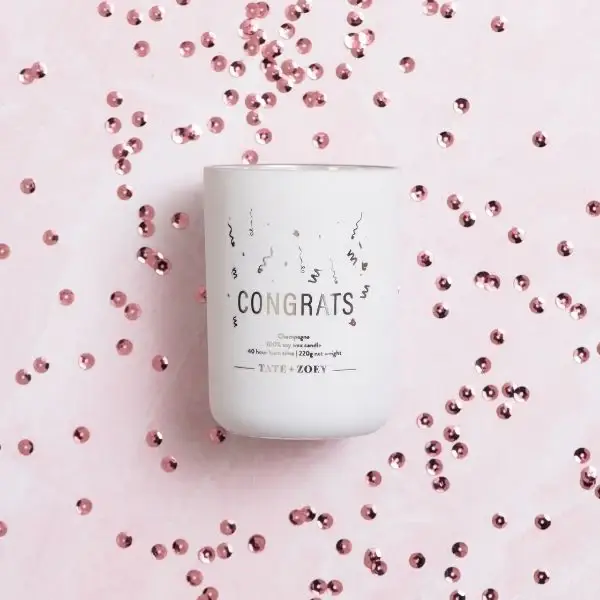 White Congrats Candle Soy Wax Scented for wholesale on Faire1