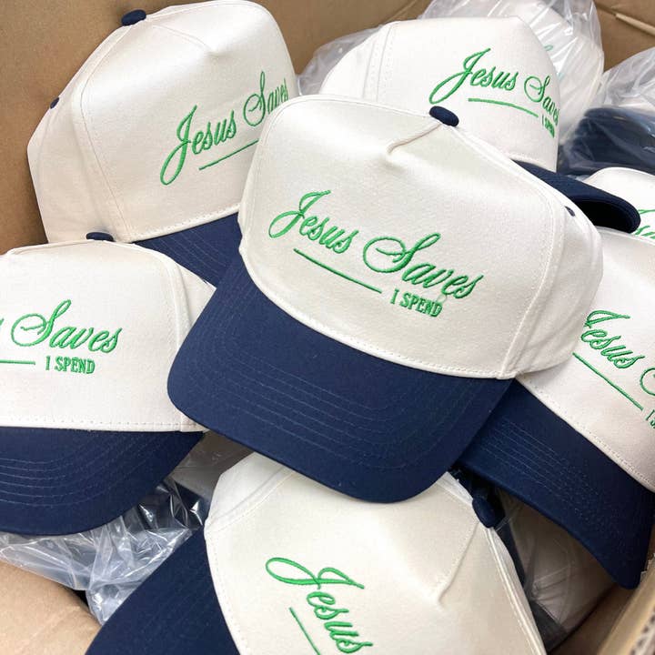 KENZKUSTOMZ - Wholesale Trucker Hat - Women's - Jesus Saves, I Spend - Navy Vintage Trucker Hat