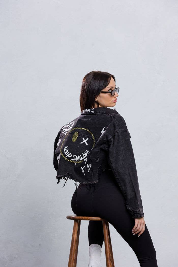 Trio Urban - Vente Veste en jean – femme - Veste en jean à strass Keep Smiling2