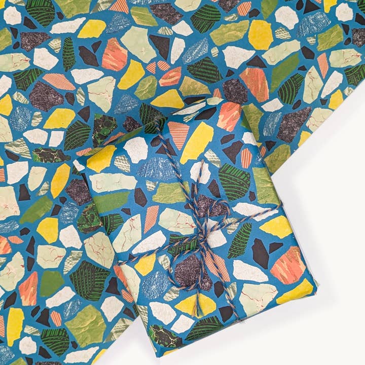 Terrazzo Gift Wrap, Model Makers Paper. Teal, Blue. for wholesale by Hadley