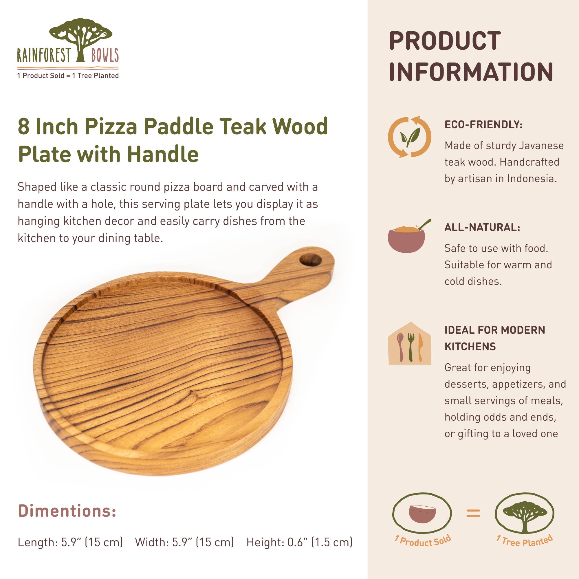 Rainforest Bowls - Wholesale Pizza Board - 8 Inch Teak Wood Pizza Board with Handle & Rim10