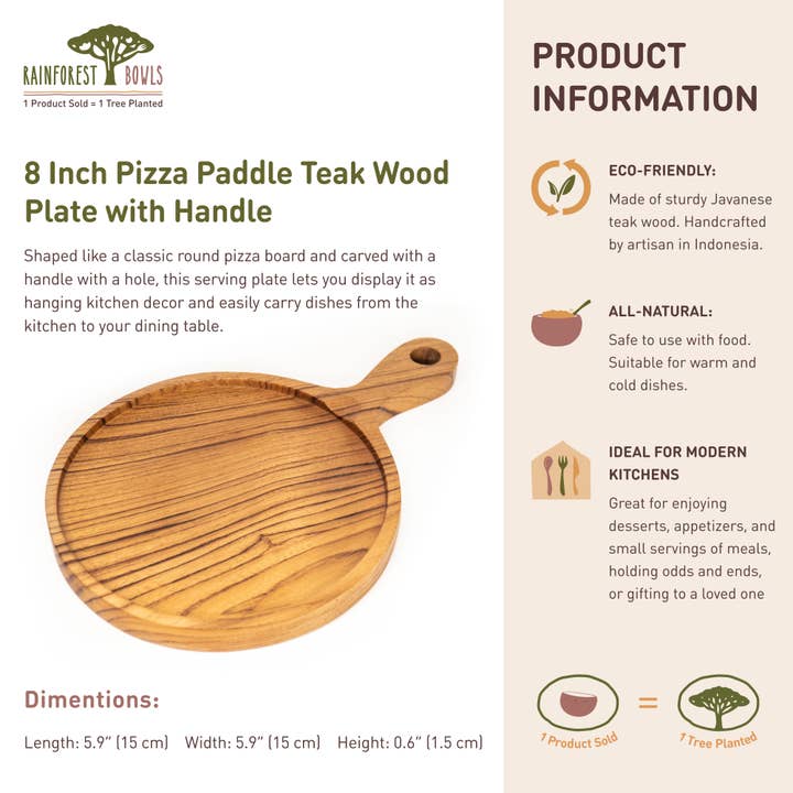 Rainforest Bowls - Wholesale Pizza Board - 8 Inch Teak Wood Pizza Board with Handle & Rim10