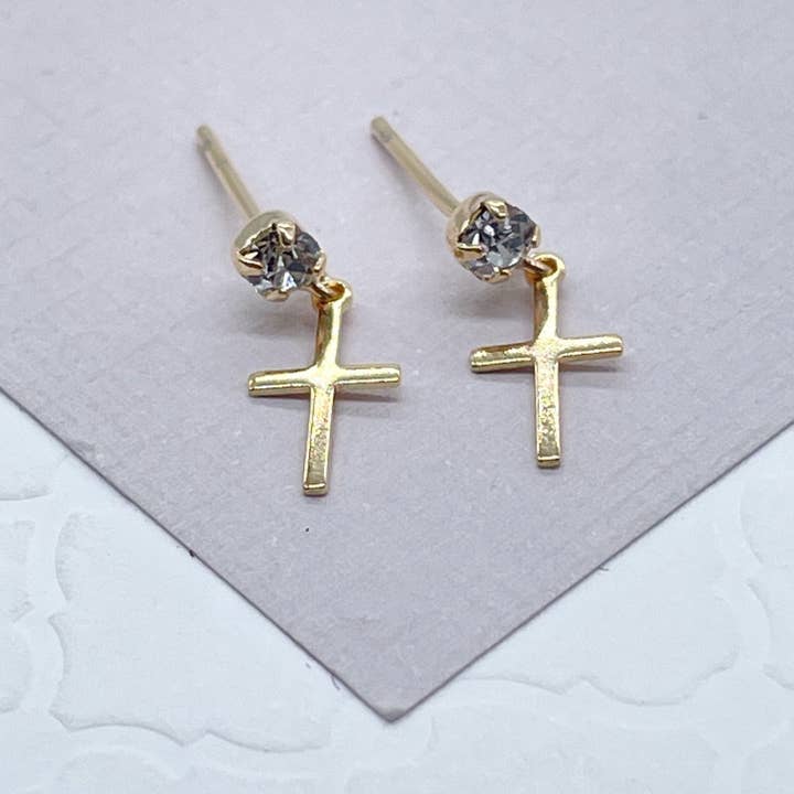 Milie Jewels - Wholesale Stud/Post Earrings - 18k Gold Filled Tiny Hanging Cross with Cubic Zirconia Stud Earrings Wholesale
