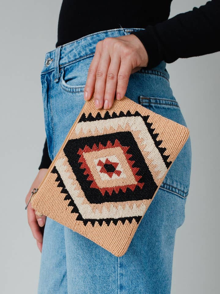 Tan, Black & Rust Aztec Wristlet for wholesale by Panache Apparel Co.