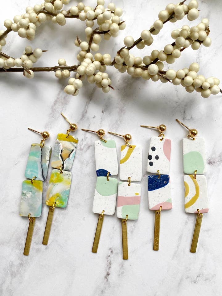Abstract Rectangle Dangles, Polymer Clay Earrings for wholesale by Glitter and Glow Co