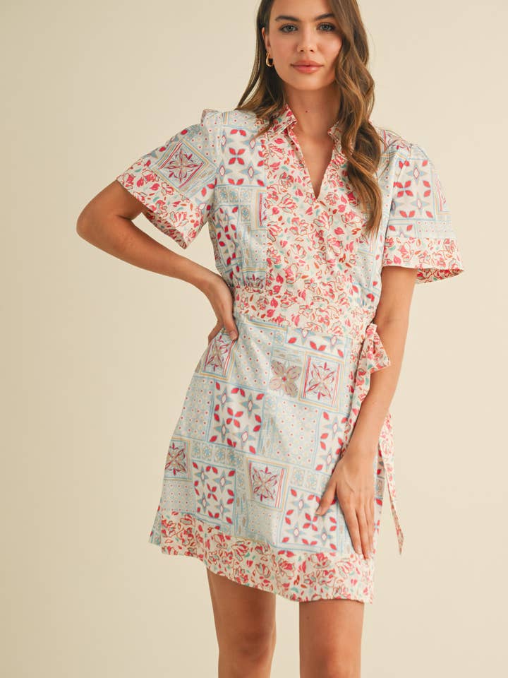&MERCI - Wholesale Dress - Women's - MIXED PRINT FAUX WRAP MINI DRESS MDR4038