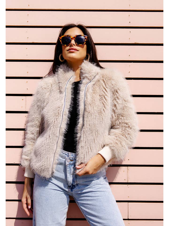 Champagne Fox Faux Fur Parkside Bomber Jacket for wholesale on Faire