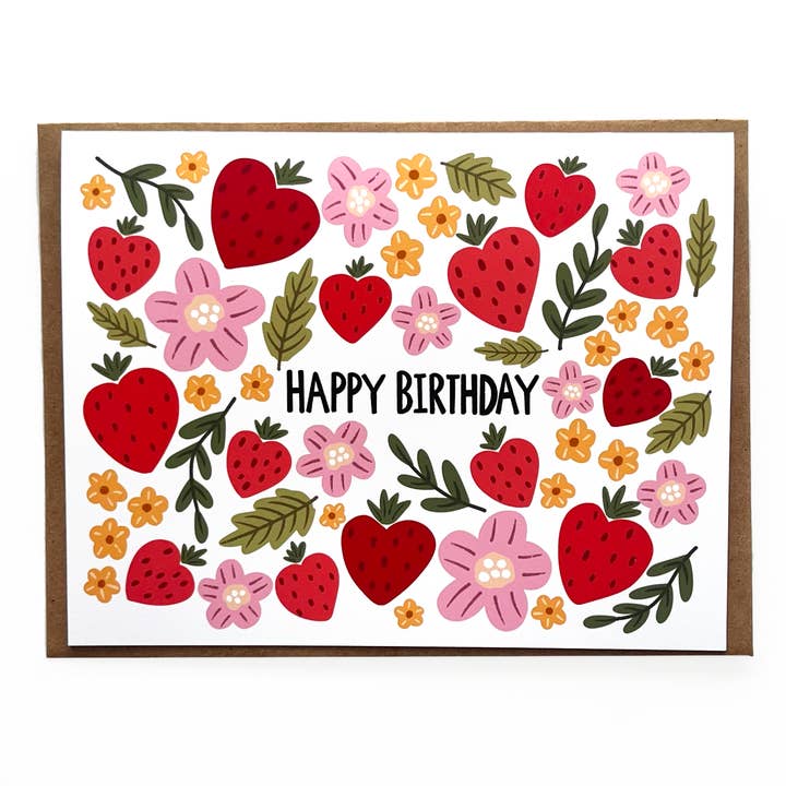 Carte de joyeux anniversaire aux fraises pour la vente par Keegsie Designs
