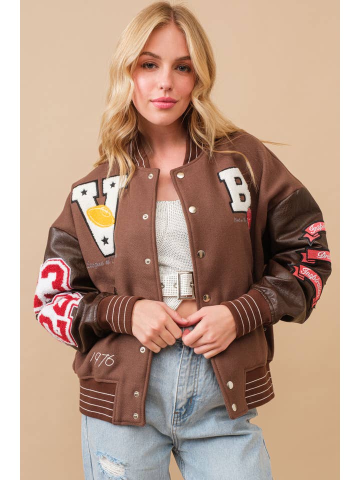 Blue B - Wholesale Varsity/Baseball Jacket - Women's - 50076J-Boucle Patches Faux Leather Letterman Varsity Jacket
