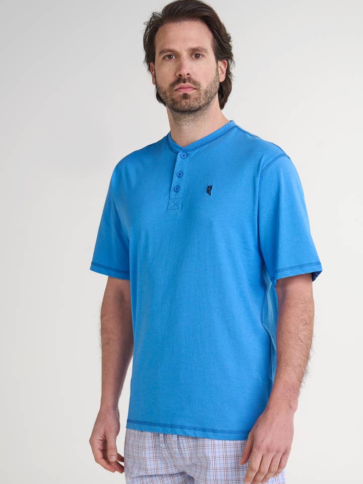 Men's Short Sleeve Pajama Shirt with Placket Cotton - Blue 7632 for wholesale on Faire1