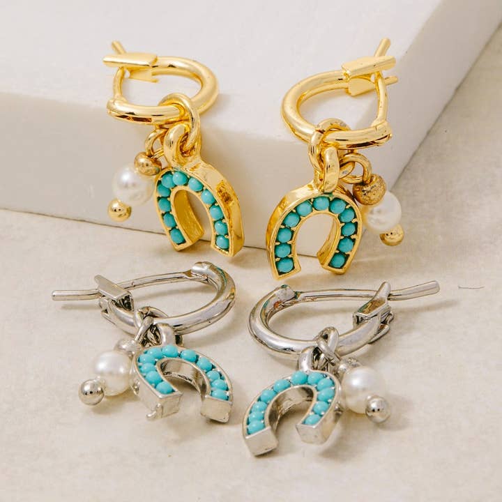 Wholesale Secret Box Gold Dipped Horse Shoe And Pearl Charm Hoop