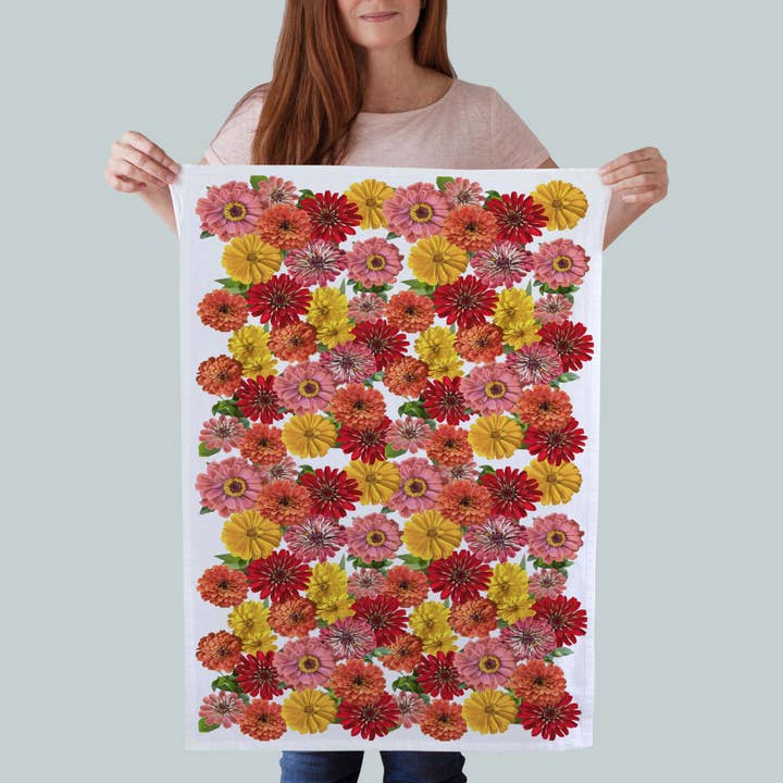 Zinnias Kitchen Towel for wholesale by Red Bird’s House