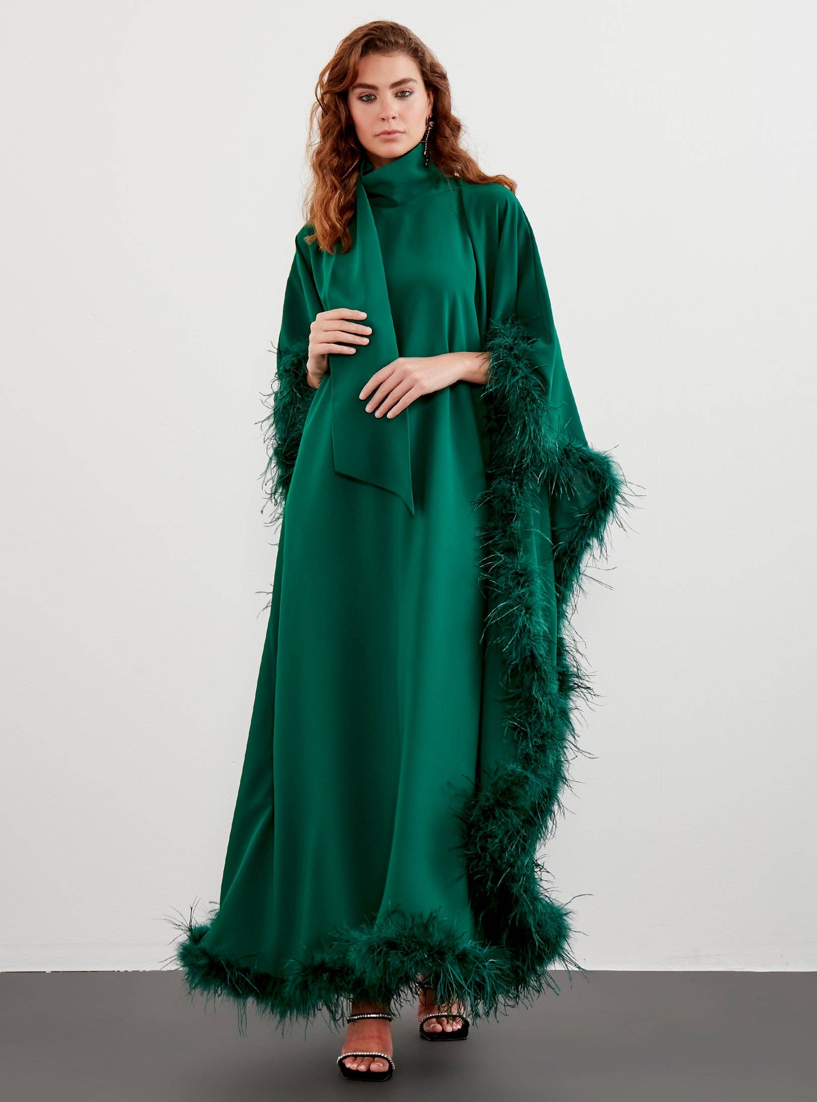 Store WF – wholesale Kaftan – Women's – Feather Trimmed Emerald Kaftan Dress0