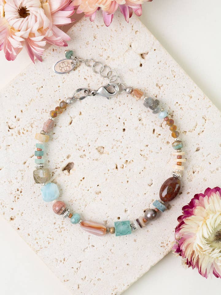 Namaste 7.5-8.5" Jasper, Larimar, Labradorite Simple Bracelet for wholesale by Anne Vaughan Designs Jewelry