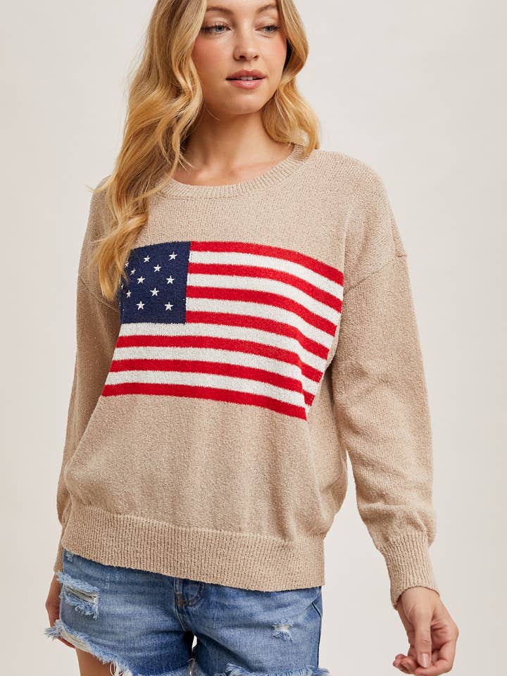 Bluivy - Wholesale Knit Sweater - Women's - AMERICAN FLAG KNIT SWEATER PULLOVER, MEMORIAL DAY