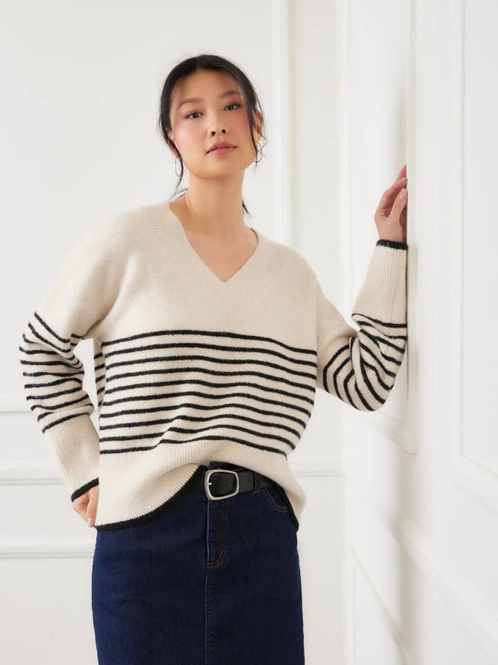 Ecru With Black Stripe V-Neck Sweater for wholesale on Faire8