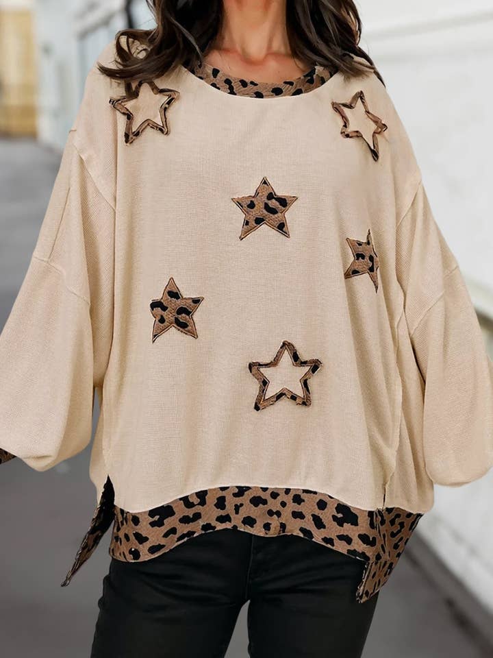 Leopard Star Patch Drop Shoulder Sweatshirt | S-XL for wholesale by Aapparella