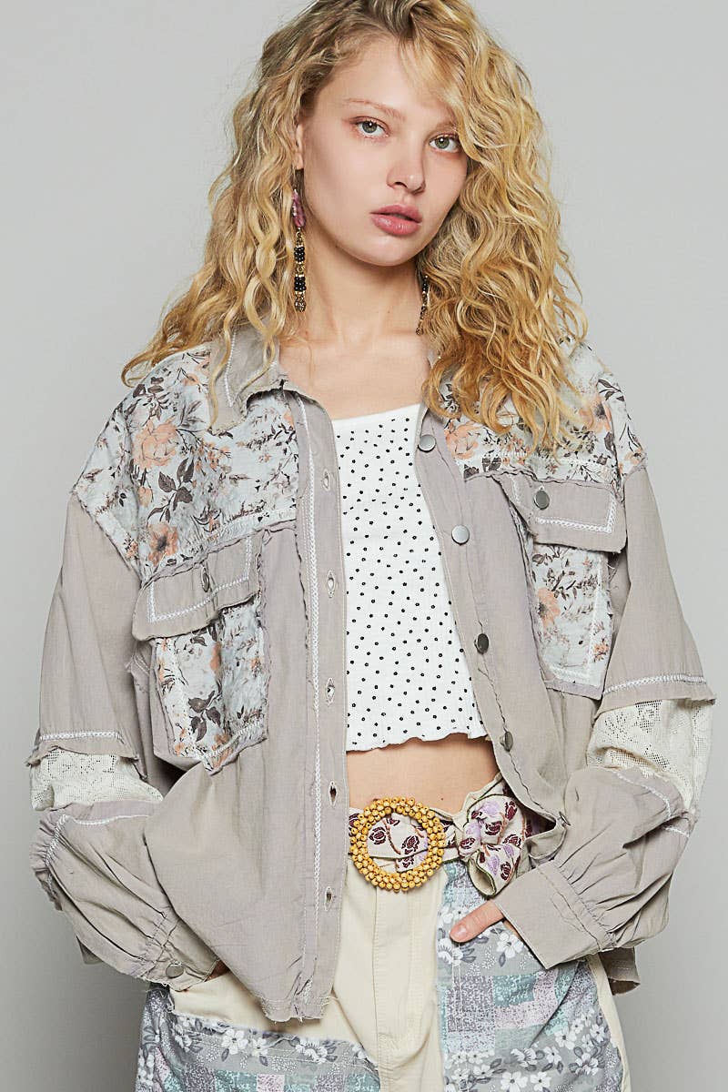 Pol Clothing - Wholesale Shirt Jacket/Shacket - Women's - Balloon sleeve printed woven mixed denim shacket SALE17