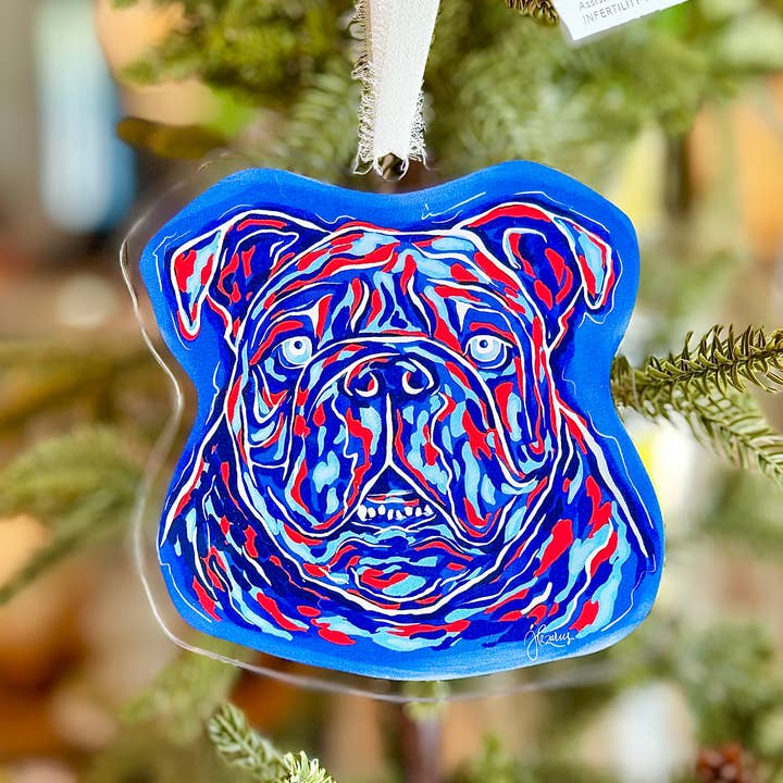 Acrylic Red and Blue Bulldog Christmas Ornament for wholesale by Songbird Grove Collection