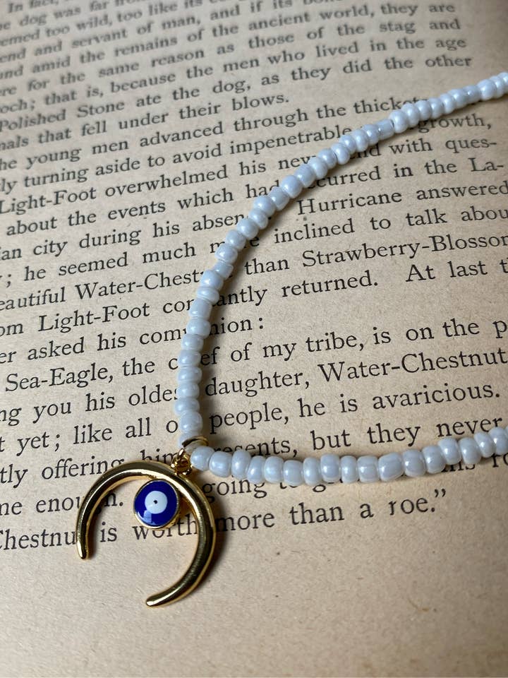 Crescent Moon Evil Eye Beaded Necklace 🧿 for wholesale by June Luna Jewelry