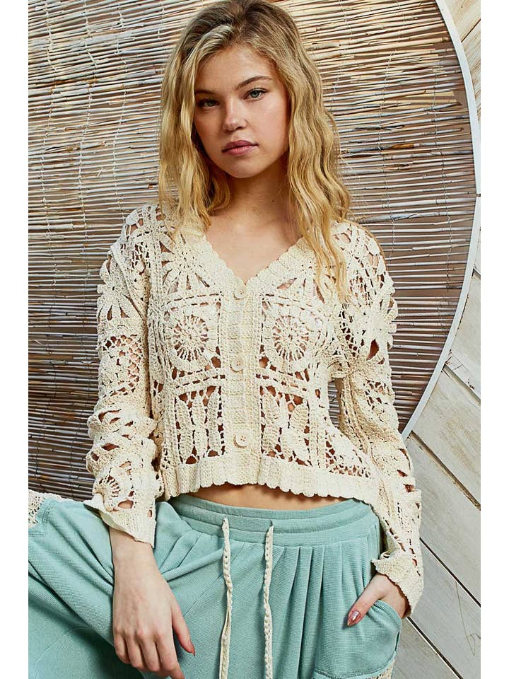 Pol Clothing - Wholesale Cardigan - Women's - V neck long sleeve cropped crochet cardigan