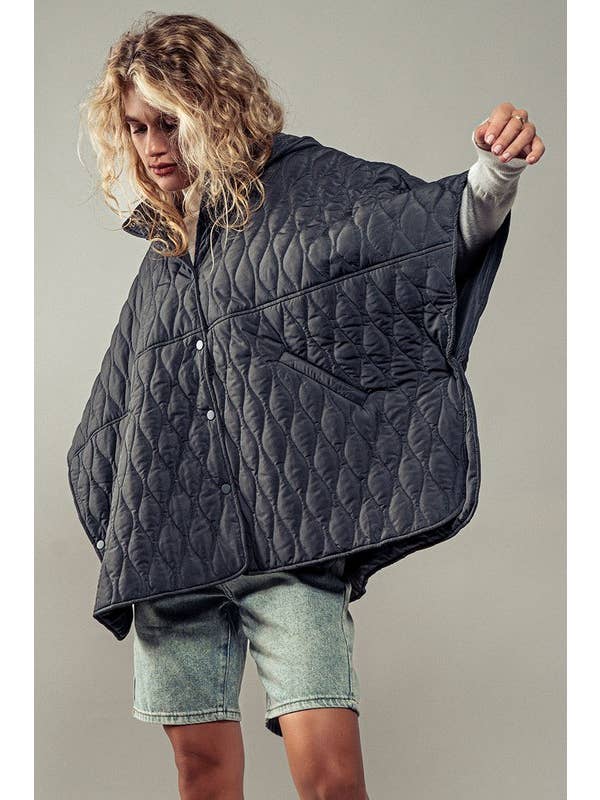 Urban Daizy - Wholesale Outerwear Vest - Women's - Quilted Hooded Wave Pattern Snap Cape