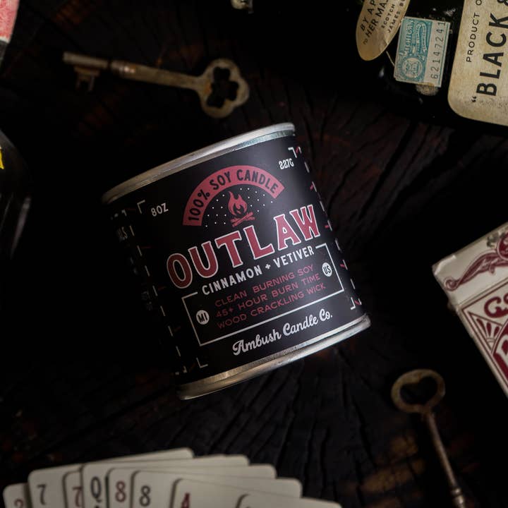 Ambush Candle Co. - Wholesale Jar/Filled Candle - Outlaw | Cinnamon + Vetiver 8oz Soy Candle2