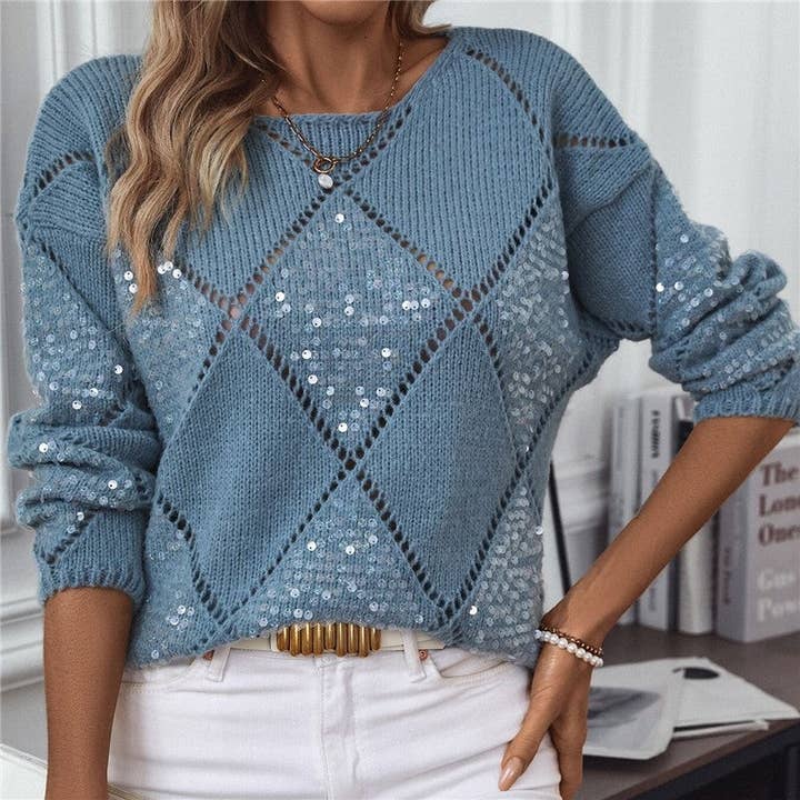 Pull à mailles ajourées et sequins, coupe ample et stylée pour la vente par Sheer Trend