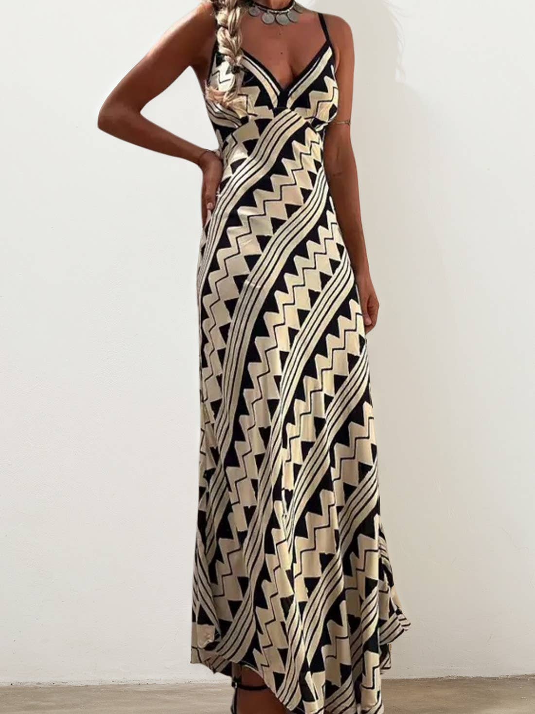 Ulivary - Wholesale Dress - Women's - Ethnic Print Slip Midi Dress with Adjustable Spaghetti Straps1