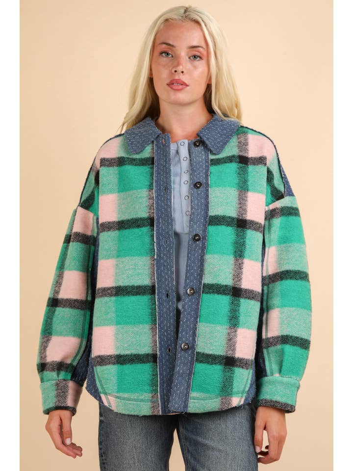 VERY J - Wholesale Shirt Jacket/Shacket - Women's - NJ90305-Textured Denim Contrast Plaid Shacket Jacket