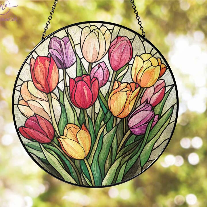NVC Ecommerce LLC - Wholesale Suncatcher - Colorful Tulips Glass Suncatcher, Grandmas Garden Decor