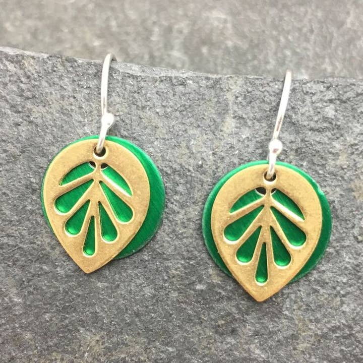Small Green Brass Leaf Earring with sterling silver earwires for wholesale by Elizabeth Jewelry