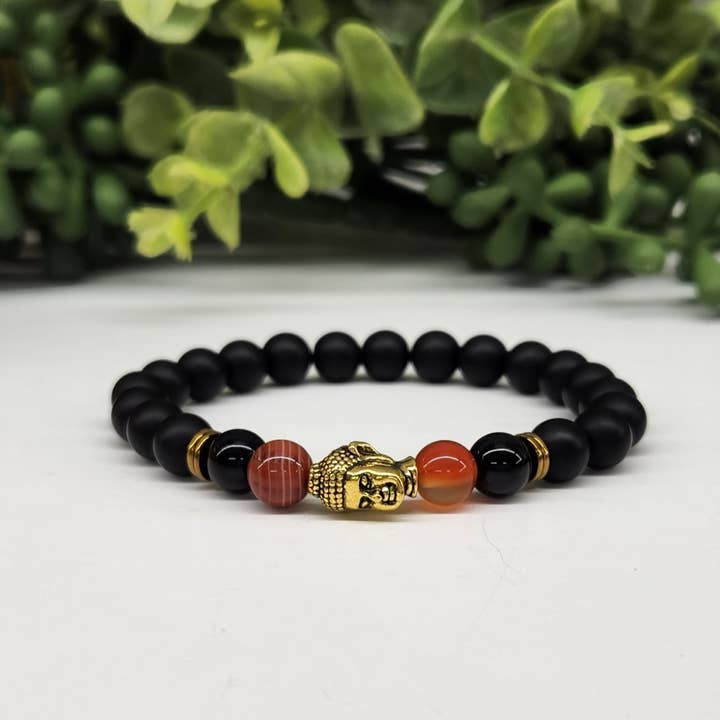 Meraki Gemstones – wholesale Beaded bracelet – Buddha Bead with Carnelian & Black Obsidian Matte-8mm Bead
