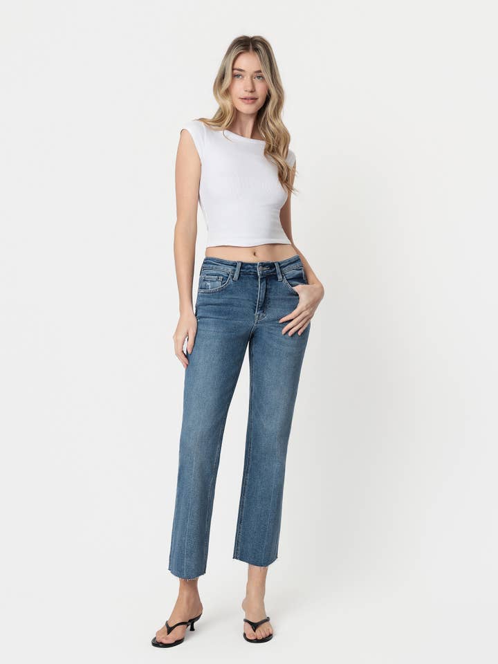 HIGH RISE MEDIUM DARK RAW HEM ANKLE STRAIGHT JEANS LV1685 for wholesale by Lovervet by VERVET