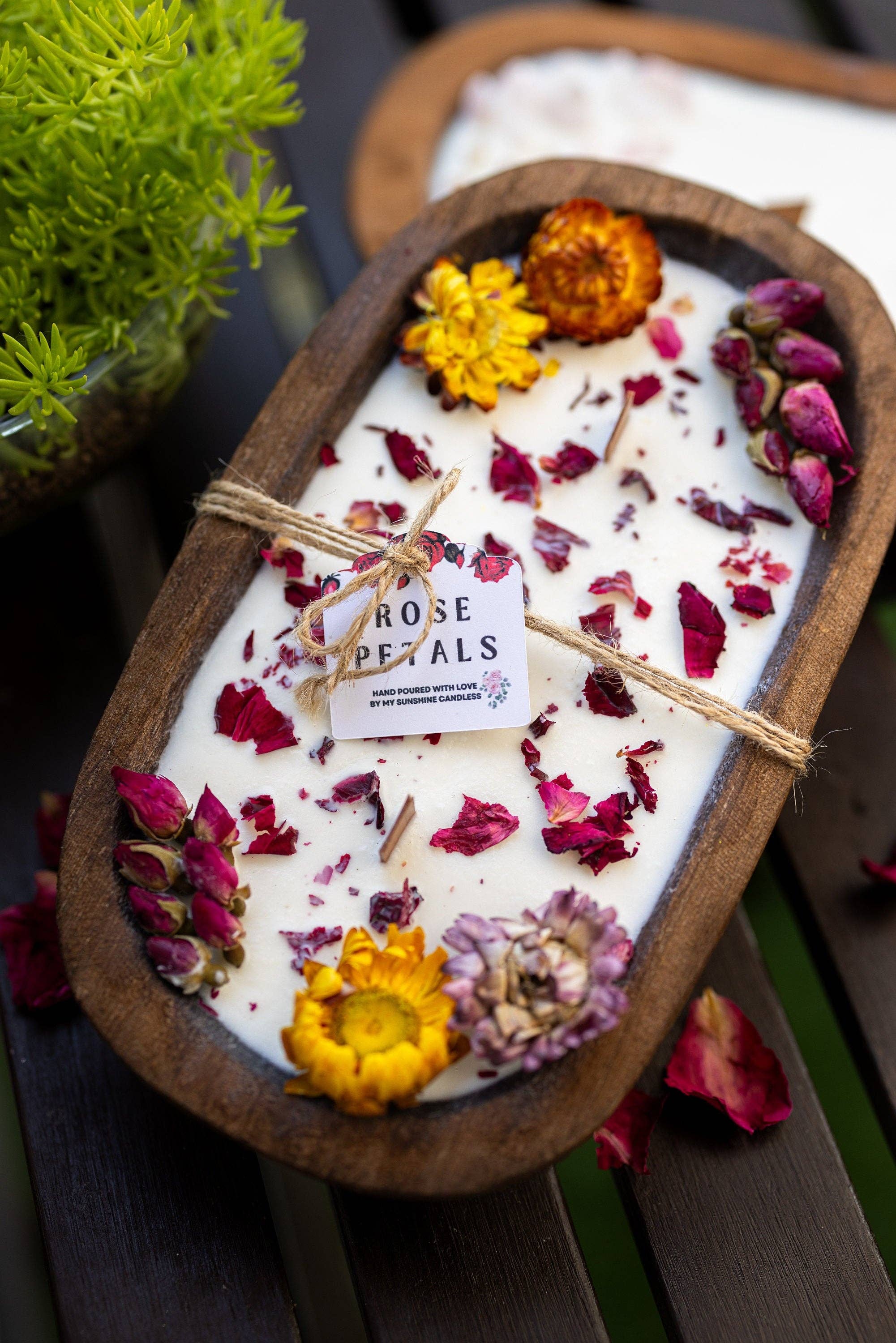 MySunshineCandless - Wholesale Pot/gevulde kaars - Dough Bowl-kaars met houten lont en sojawas | Rozenblaadjes en rozentuin geur | Boerderijstijl | 3 houten lonten | Zomerse geuren3
