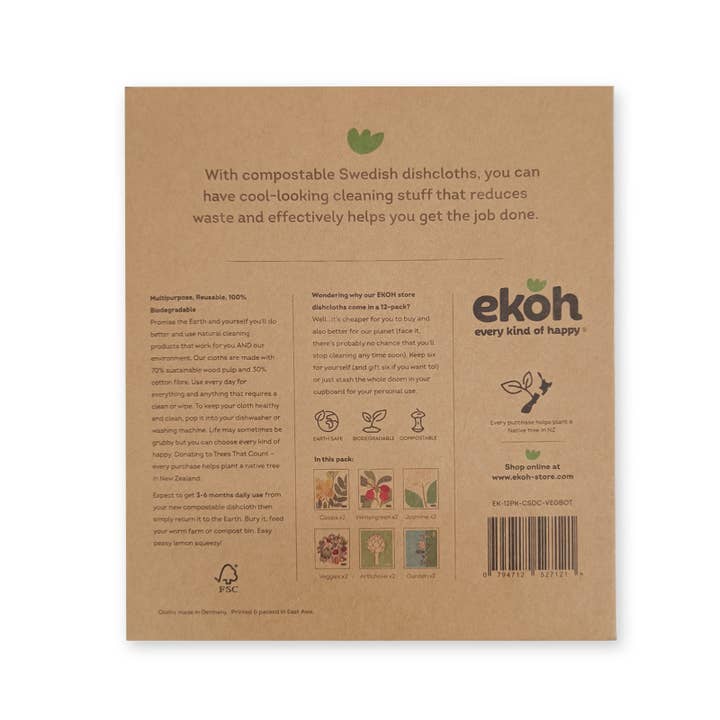 EKOH - Wholesale Dishcloth - Swedish Dishcloth Set of 12 Botanical & Veg Prints9