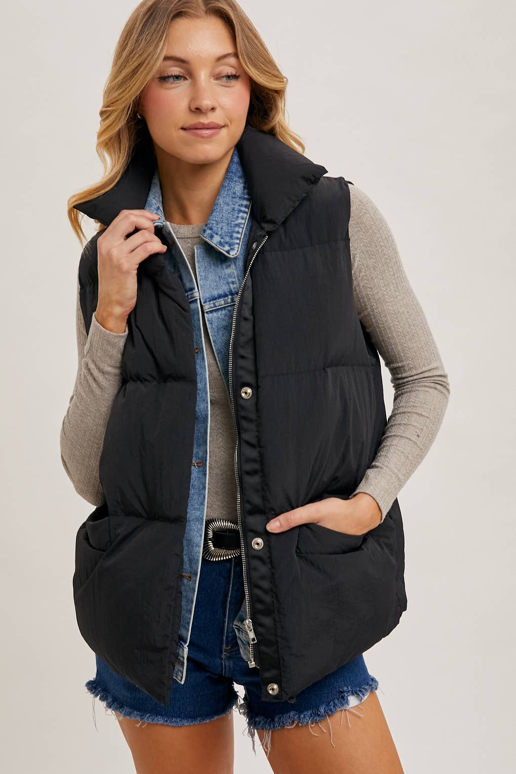 Bluivy - Wholesale Outerwear Vest - Women's - DENIM LAYERED PUFFER VEST1